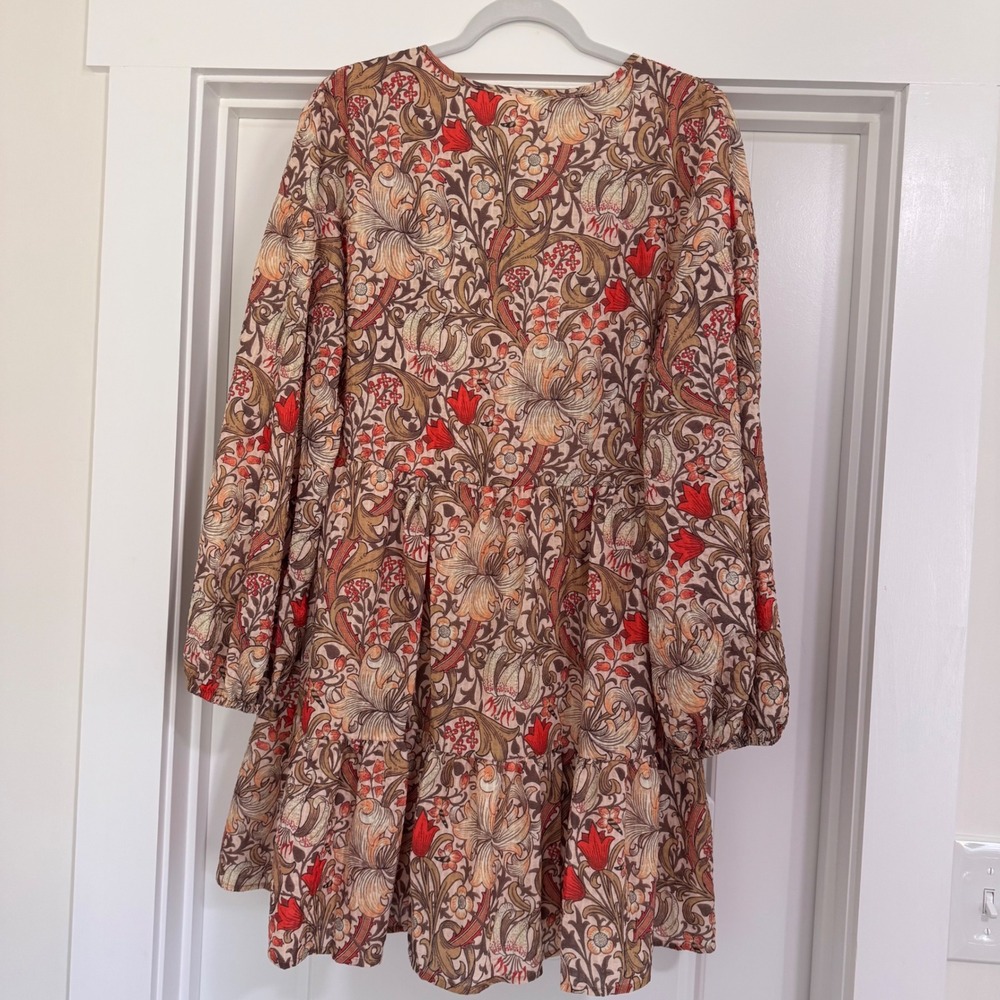 Entro Floral Smocked Mini Dress Long Sleeve Boho Tan Red Brown D21560 Womens M - Picture 2 of 9